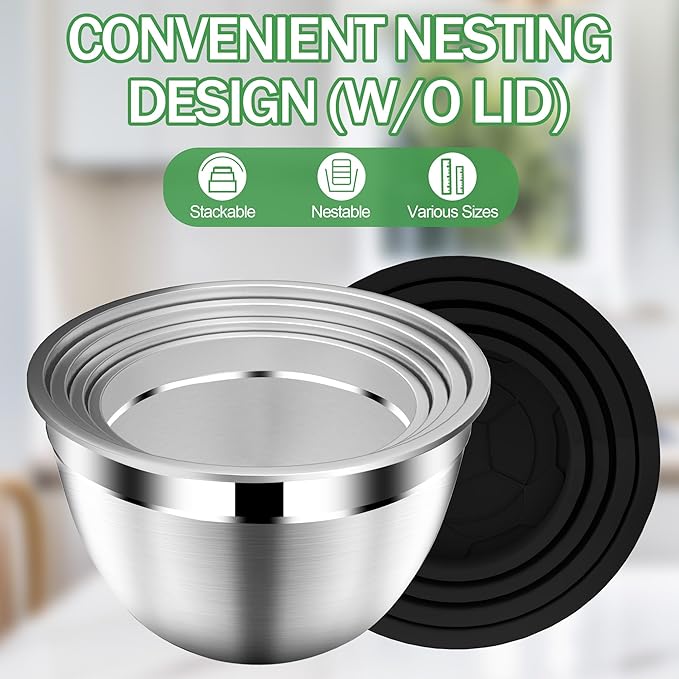 DUTZUN Mixing Bowls with Lids Set, Stainless Steel Mixing Bowls with Colander, Strainer with Mixing Bowl Set, Kitchen Gadgets Bowl Christams Gift, Size 4.5, 2.5, 2, 1.5QT - Black