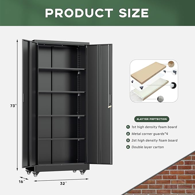 Greenvelly 73" Rolling Storage Cabinet,Black Metal Garage Cabinet with Locking Doors and 4 Adjustable Shelves for Home,Kitchen,Office,Warehouse(32" W x 16" D,Wheels)