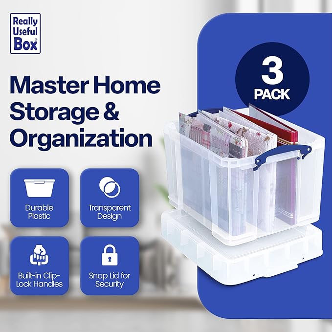 Really Useful Box 35 Liters Transparent Storage Container with Snap Lid and Clip Lock Handle for Lidded Home and Item Storage Bin, 6 Pack