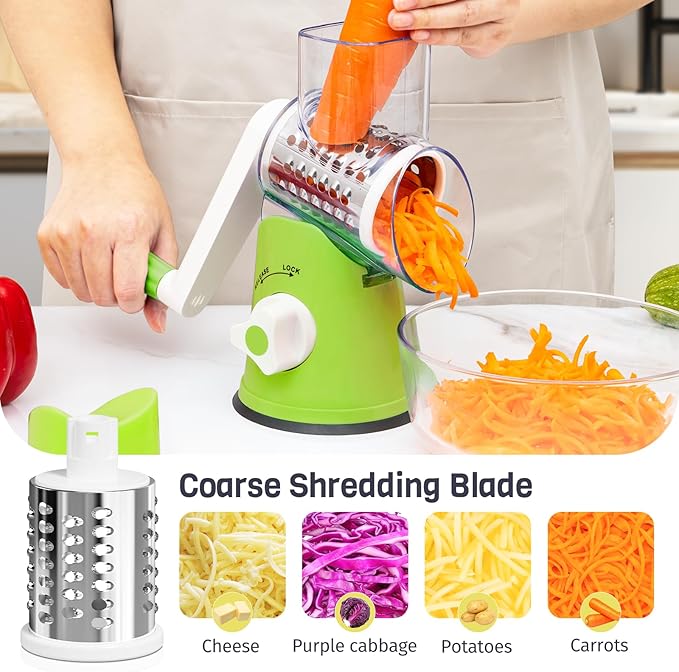 Nexsujo Rotary Cheese Grater Hand Crank, 3 Blades Slicer Shredder, Cheese Grater for Kitchen, Multi-Functional Kitchen Tool for Vegetables, Nuts, Chocolate, with Strong Suction Base, Green