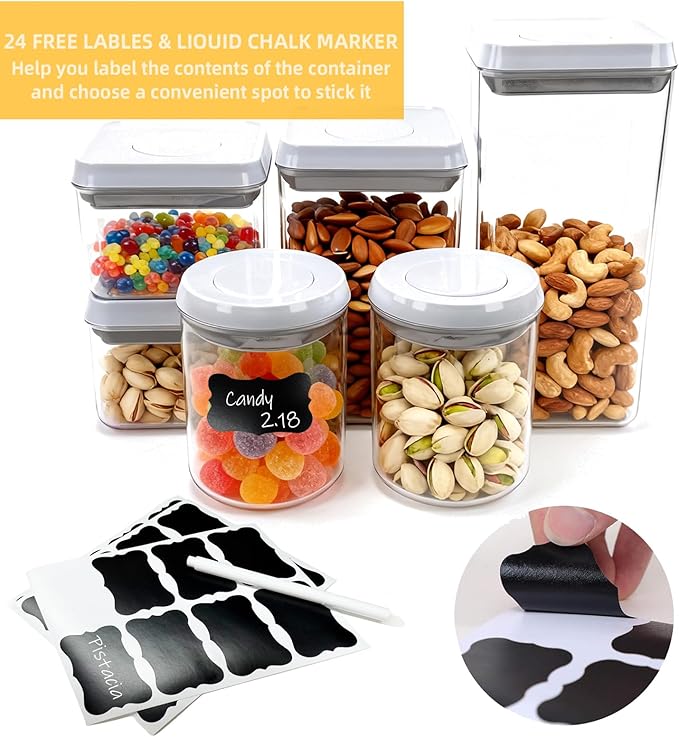 6 Pcs Airtight Food Storage Containers with Lids, Push Button Seal BPA-Free Set for Kitchen Pantry, 0.65QT/0.7QT/1.8QT/2.4QT for Bulk Dry Food, Cereal, Flour, Sugar, RV Kitchen Storage