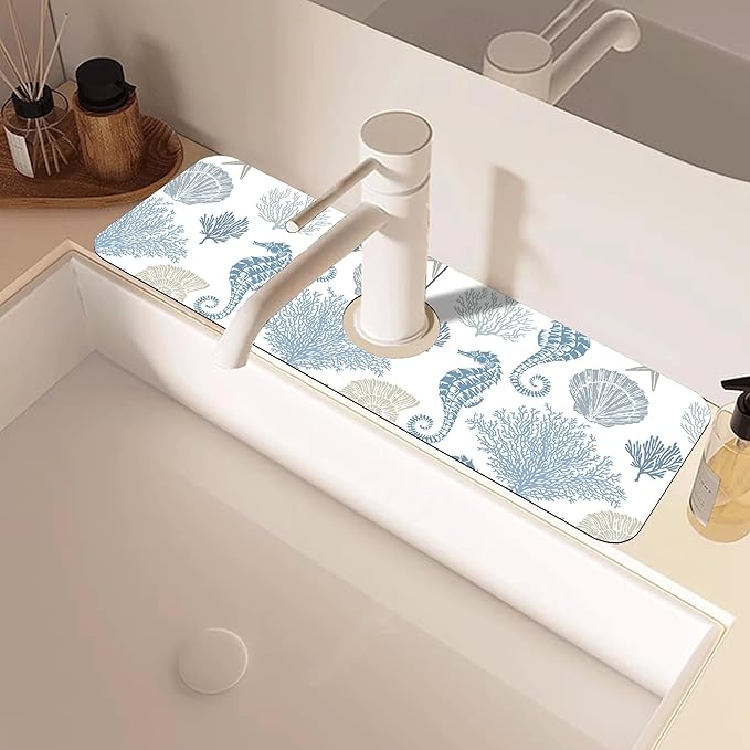 Marine Seashell Seahorse Coral Kitchen Sink Splash Guard Mat Absorbent Fast Drying Mat Faucet Draining Mat Sink Splash Guard Behind Faucet Drip Catcher for Kitchen Bathroom 5.5"×15"