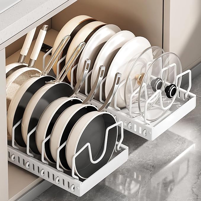 pots and pans organizer under cabinet,pot lid organizers inside cabinet holders for kitchen,Horizontal and vertical pulling modes,cast iron storage (Black Vertical pull-out)