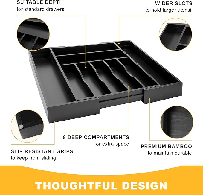 oridom Large Premium Bamboo Silverware Organizer - Expandable Drawer Organizer & Utensil Organizer - 17"x19.7" Cutlery Tray with Dividers for Kitchen Utensils and Flatware (7-9 Slots) (Black)