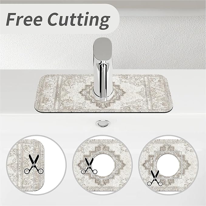 Kitchen Sink Splash Guard，Beige vintage Bohemian Faucet Mat Sink Gadgets-Super Absorbent Fast Drying Mat Drip Catcher for Kitchen, Bathroom,Sink Mat, Dish Drying Mat, Bathroom(15" X 5.5" )