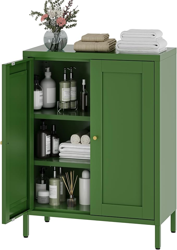 Small Metal Cabinet, Storage Cabinet with 2 Adjustable Shelves and 2 Doors,Freestanding Sideboard for Small Spaces, Living Room, Home Office, Dining Room(1PC,Forest Green)