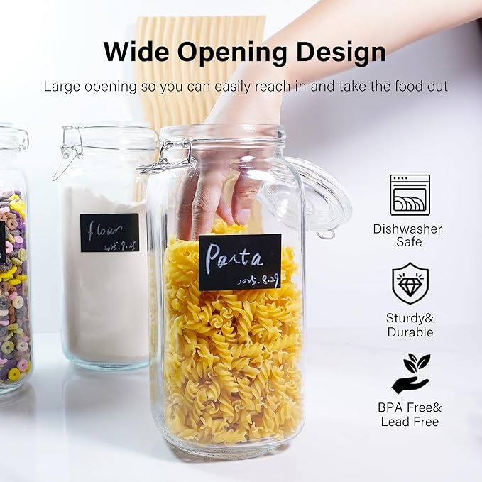 Large Glass Jars with Airtight Clamp Lid 78 OZ, 3 Pack Food Storage Jars Set – Thick Glass Canisters with Silicone Seal, Labels & Marker for Flour, Sugar, Coffee, Pasta, Pantry Organization