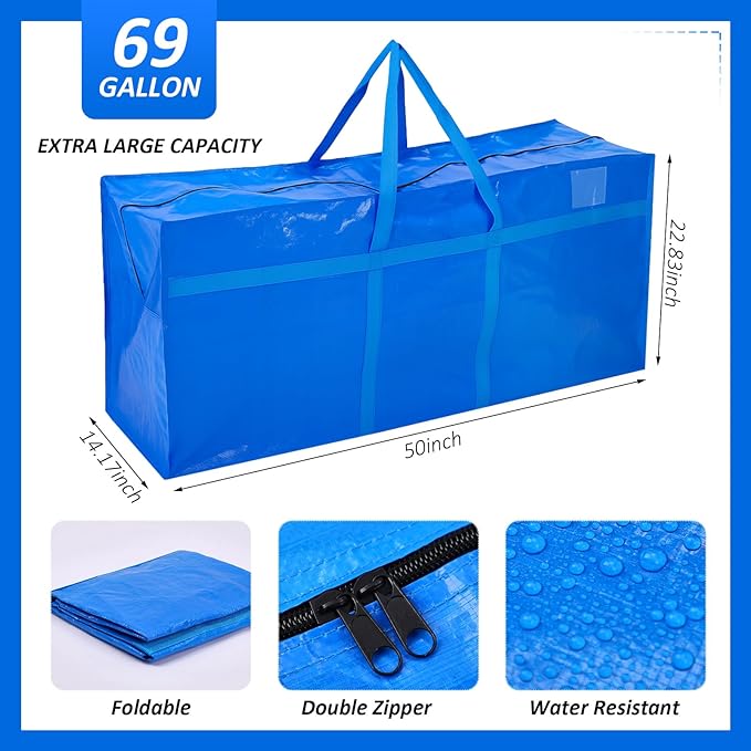 Windyun 4 Pack 69 Gallon Extra Large Moving Bags XXL Heavy Duty Storage Bag with Strong Zipper Handle Jumbo Big Tote Box Foldable for College Dorm Travel Clothes Duffle Blanket Pillow(Blue)