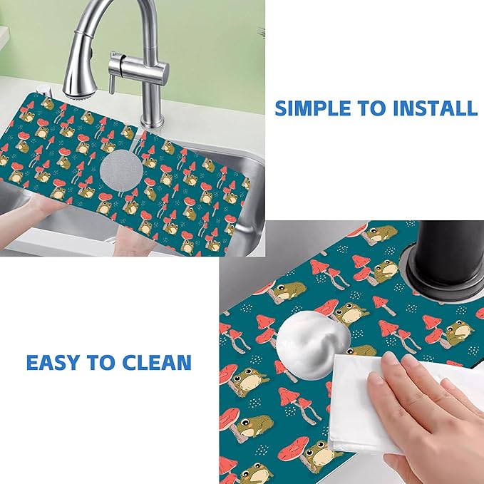 Cute Frog and Mushrooms Dish Drying Mat for Kitchen Sink Splash Guard Behind Faucet Sink Mat Absorbent Fast Drying Faucet Draining Mat for Bathroom Kitchen 5.5"×15"