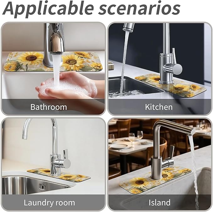 Kitchen Sink Splash Guard，cute sunflowers Faucet Mat Sink Gadgets-Super Absorbent Fast Drying Mat Drip Catcher for Kitchen, Bathroom,Sink Mat, Dish Drying Mat, Bathroom(15" X 5.5" )