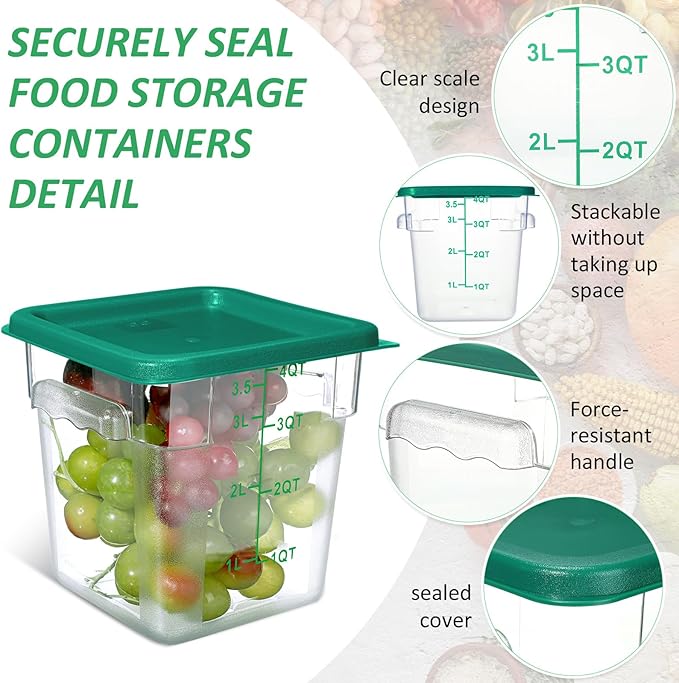 Yungyan 6 Pcs Commercial Food Storage Containers 4 Qt Square Acrylic Airtight Food Storage Containers with Lids Clear Cereal Storage Containers for Pantry Kitchen Restaurant Freezer Flour Sugar
