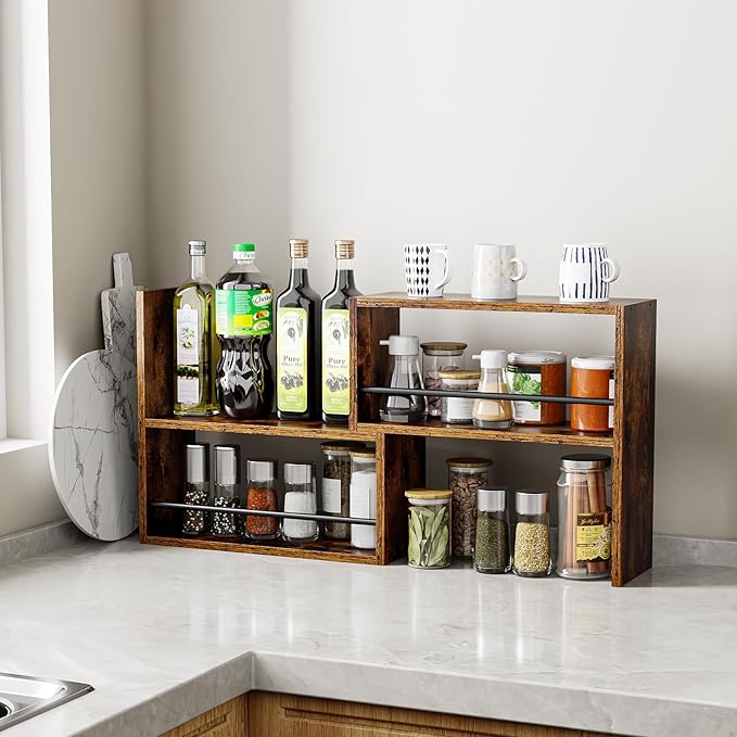Vfelf Expandable Cabinet Organizer Shelf, Set of 2 Kitchen Counter Shelves for Countertop Organization Spice Rack Kitchen Storage Stackable