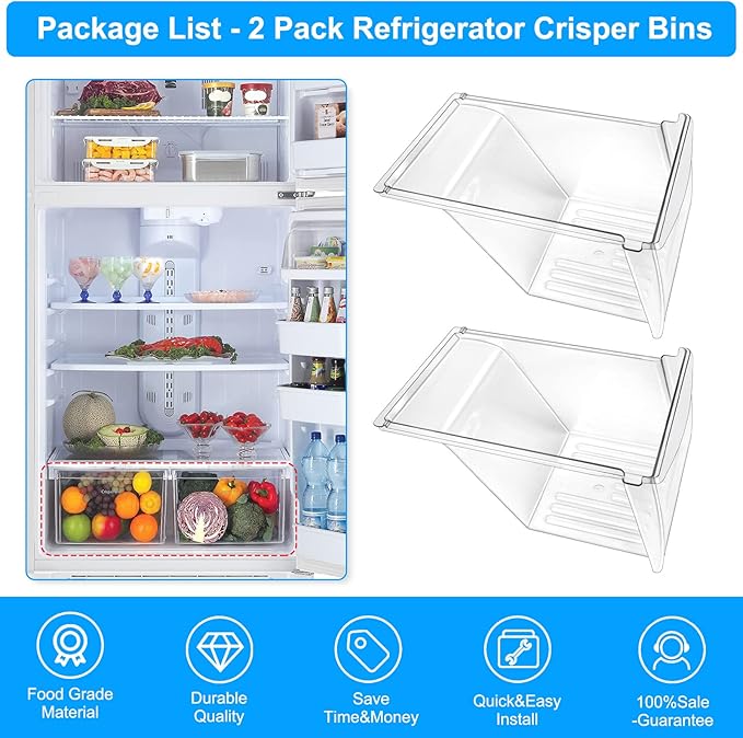 [2 PACK] Upgraded 240337103 Refrigerator Crisper Drawers Bins Compatible with Frigidaire Kenmore, Frigidaire Drawer Replacement for 240337100 AP2115741 240323007, Food-grade Materials