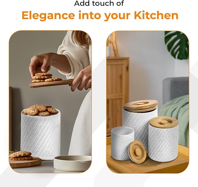 Ceramic Canister Set for Kitchen Countertop & Pantry – 3 Airtight Food Storage Containers for Flour, Sugar & More – Durable White Ceramic with Bamboo Lids