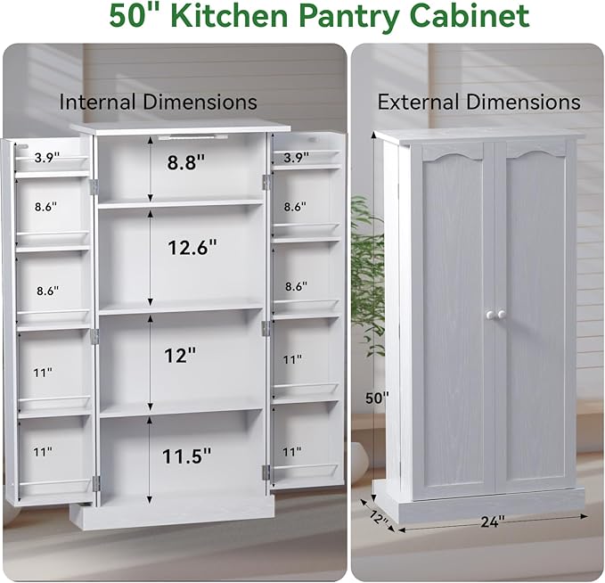 FJTJBSI 50" LED Kitchen Pantry Cabinet White Storage Cabinet Food Pantry with Doors and Adjustable Shelves Freestanding Buffet Cupboards Sideboard for Kitchen Living Room and Dinning Room