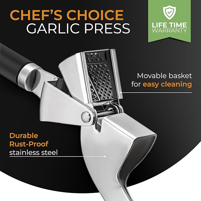 ORBLUE Garlic Press Stainless Steel - Premium Professional Grade Garlic Mincer, Crusher & Peeler Set - Easy Clean, Dishwasher Safe & Rust-proof, Black