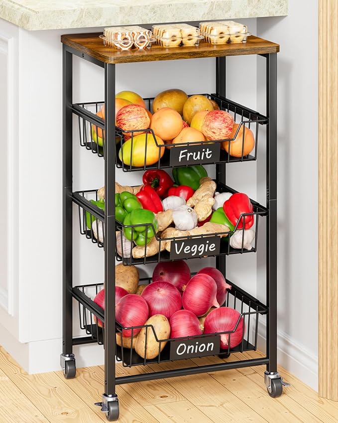 Giwil Vegetable Fruit Basket for Kitchen Pantry Organizers Storage, 4-Tier Utility Rolling Cart on Wheels with Wood Top and Drawer Wire Baskets for Onions Potatoes Snacks, Black