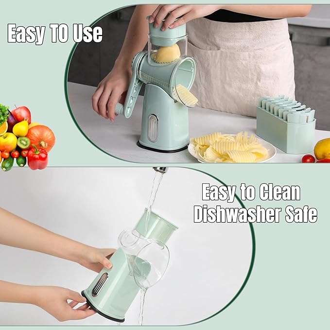 CHDEXU Rotary Cheese Grater with Handle, Manual Vegetable Slicer Grater with 5 Detachable Stainless Steel Blades, Round Grater Slicer Hand Crank Food Chopper for Kitchen with Blade Storage Box