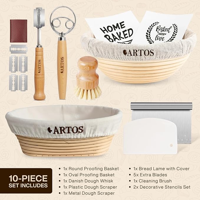 AURAVILLE Sourdough Starter Kit | 9" Round & 10" Oval Banneton Bread Proofing Baskets | Sourdough Bread Baking Supplies with Dough Whisk, Scrapers Bread Lame, Cleaning Brush, Detailed Guide & Recipes