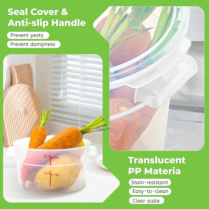 BIEAMA 4 Pack Round Food Storage Containers with Lids, 2Qt Translucent, Polypropylene, BPA Free, Includes Labels & Measuring Cups