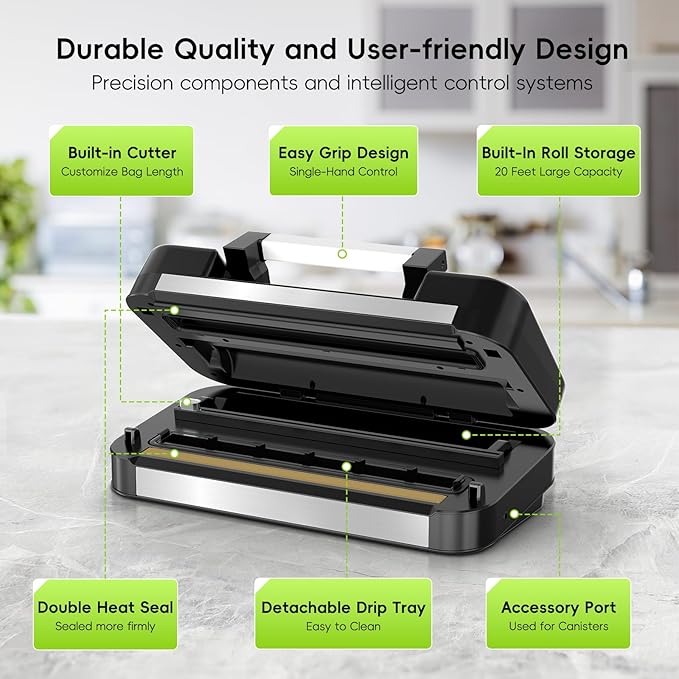 95kpa Vacuum Sealer for Food, 125W Commercial Food Saver Vacuum Sealer Machine, 10-in-1 Compact Meat Vacuum Packing Machine with Bags Storage, Built-in Cutter, Easy-Lock Handle, Stainless Steel