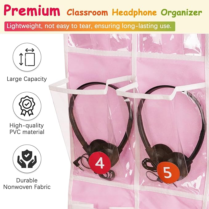 2 Pack Classroom Headphone Storage Organizer with 30 Pockets, PVC Clear Classroom Pocket Chart for Headphone Cell Phone Over-the-Door Hanging Headphone Holder Bag with 62 Labels(Pink)