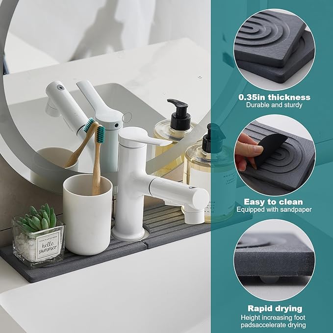 Stone Faucet Mat for Kitchen Sink Bathroom Counter. 15.7 Inch Dark Grey Diatomite Water-Absorbing Drying Stone Mat, Sink Stone Tray Protector,Prevent Moisture Sink Splash Guard