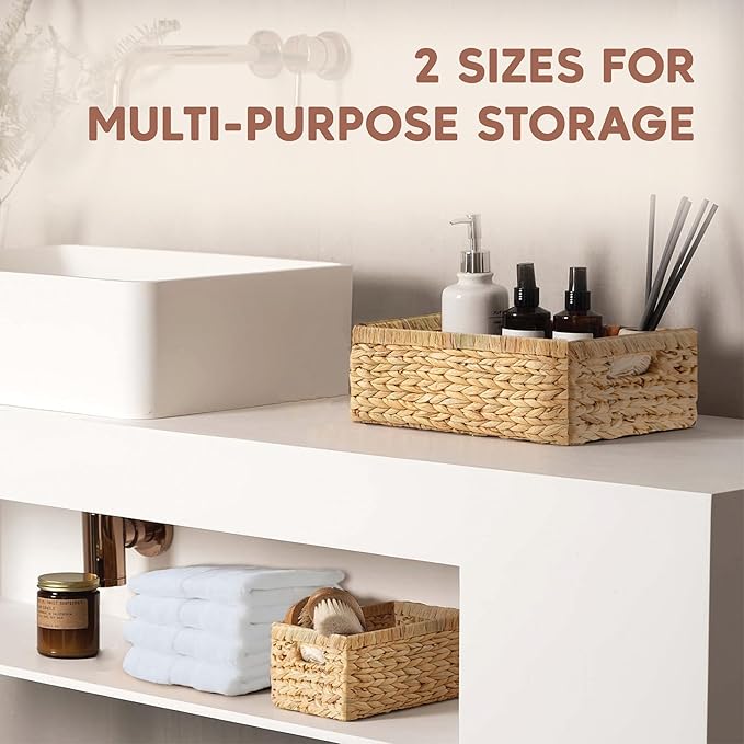 Greenatural Water Hyacinth Storage Baskets Set of 2, Handwoven Rectangular Organizer Trays with Handles in 2 Different Sizes, Nested Wicker Bins for Shelf, Bathroom, Kitchen, Office, Natural Decor