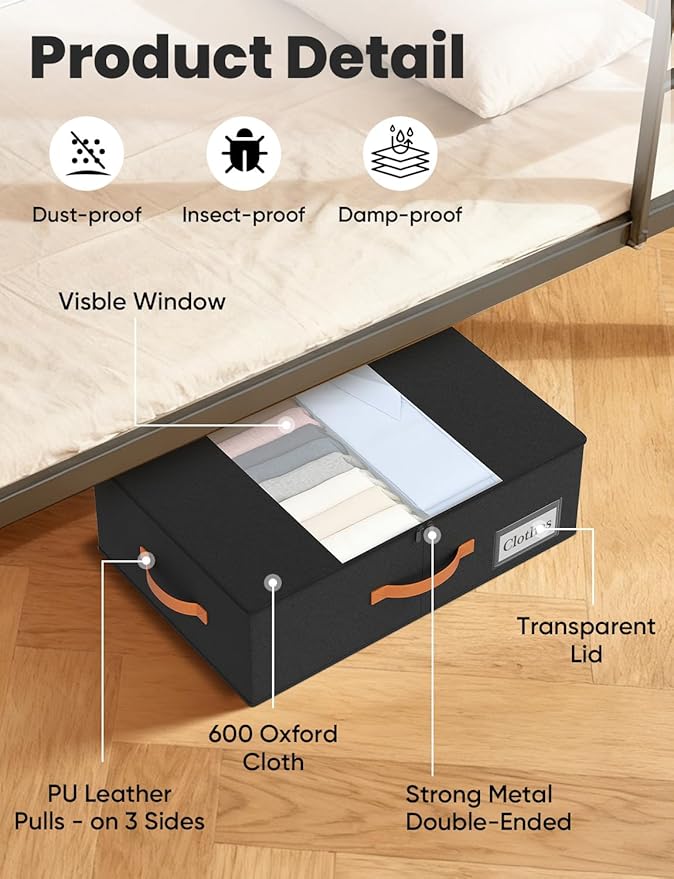 TOSKING Under Bed Storage with Wheels 2 Pack, 4 Vacuum Bags Included, 7.9" Rolling Underbed Bins, Durable Oxford Fabric, 80lbs Heavy Duty Drawer Organizer for Clothes, Shoes, Toys, Black