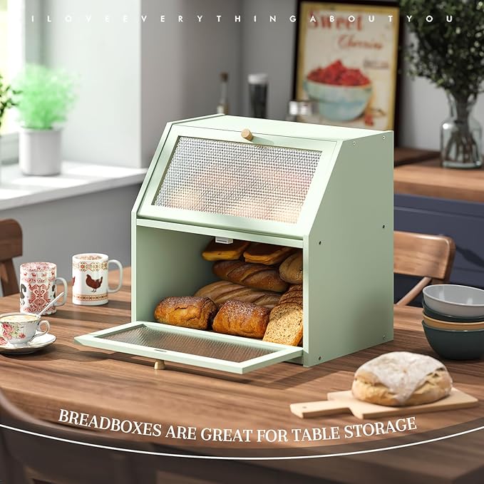 STDDRE Bread Box for Kitchen Countertop Bin Double Layer Bread Box Storage Container Extra Large Capacity Farmhouse with Diamond Pattern Windows (Green, Extra Large)