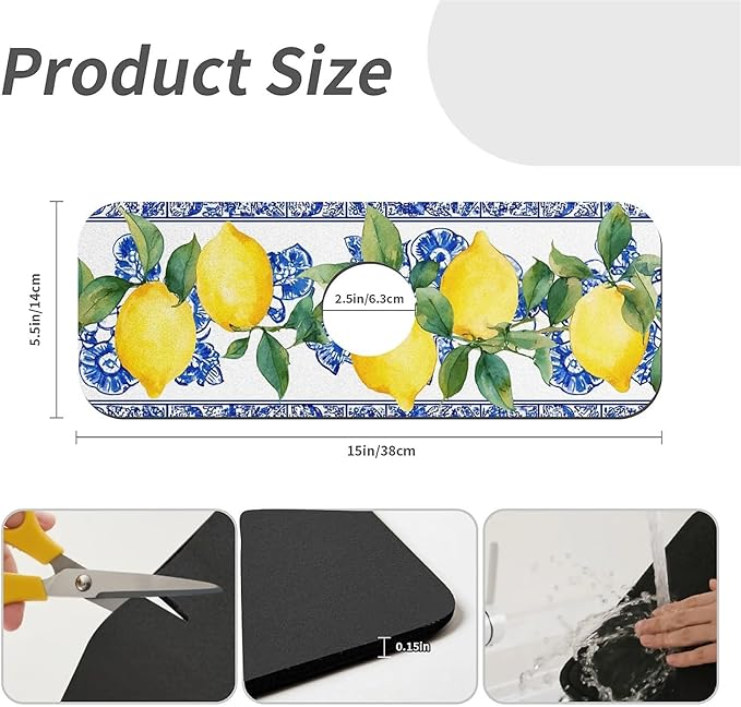 Kitchen Sink Splash Guard，Lemons and blue tiles Faucet Mat Sink Gadgets-Super Absorbent Fast Drying Mat Drip Catcher for Kitchen, Bathroom,Sink Mat, Dish Drying Mat, Bathroom(15" X 5.5" )