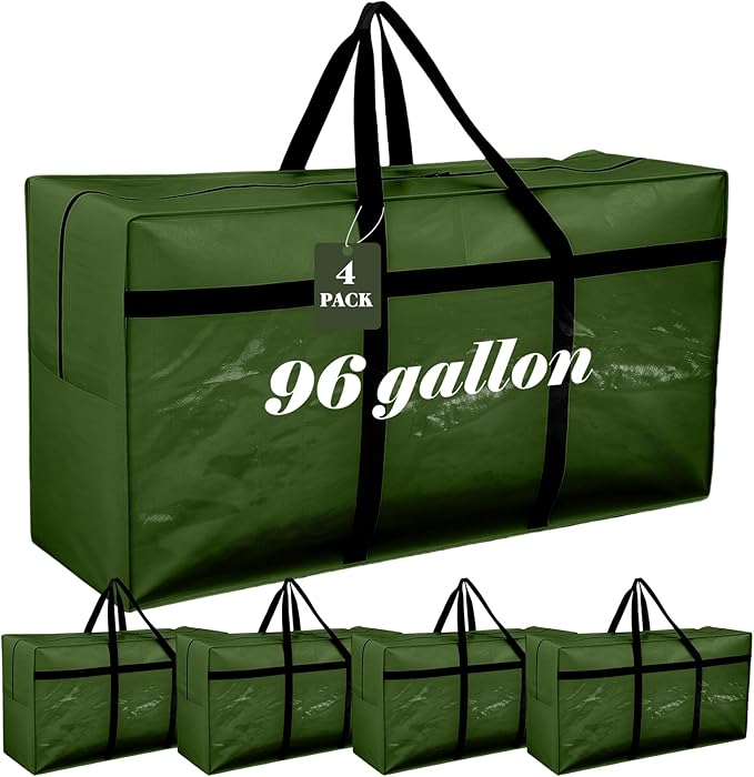 4 Pcs 96 Gallon Extra Large Moving Bags Heavy Duty Storage Bag with Strong Zipper Handle Foldable XXL Jumbo Storage Tote Packing Moving Box for College Dorm Travel Cloth Duffle (Green)