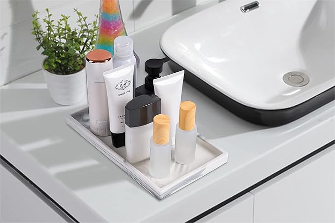 Goporcelain Marble Tray for Bathroom Counter Decor Ceramic Perfume Organizer Vanity Tray for Dresser Jewelry Dish Key Plate Rectangle Marble Sink Trays Countertop Organizer White,Large