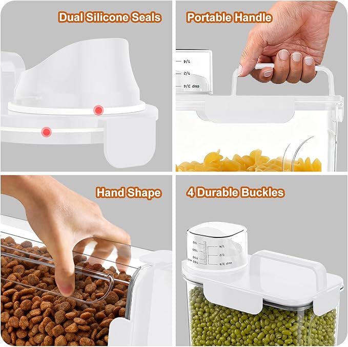 Dog Cat Food Storage Container, 5-7Lbs Pet Food Containers, Airtight Cat Food Container with Portable Handle & Measuring Cup, Small Animal Dry Food Dispenser for Dogs, Cats and Birds White