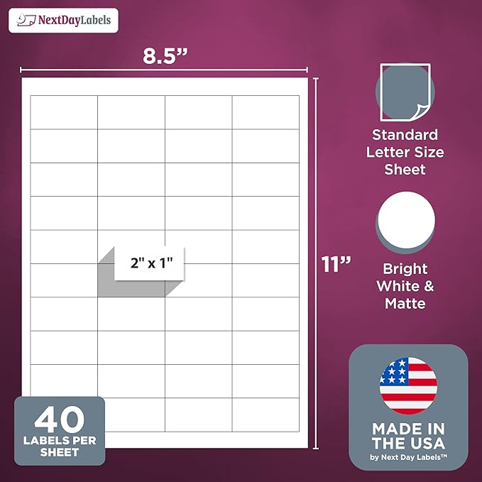 NextDayLabels 2x1 Inch Rectangle Stickers White Blank Labels for Laser Inkjet Printer - 40 Per Sheet Self-Adhesive Address Mailing Name Tags Made in USA - 2000 Labels