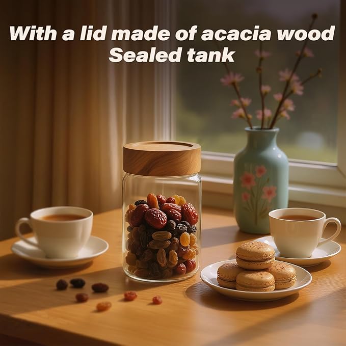 2-Piece 10 oz Food-Grade Glass Mason Jars with Sturdy Acacia Wood Lids, Sealable Waterproof, Transparent Easily Stackable for Spices, Seasonings & Snack Organizin