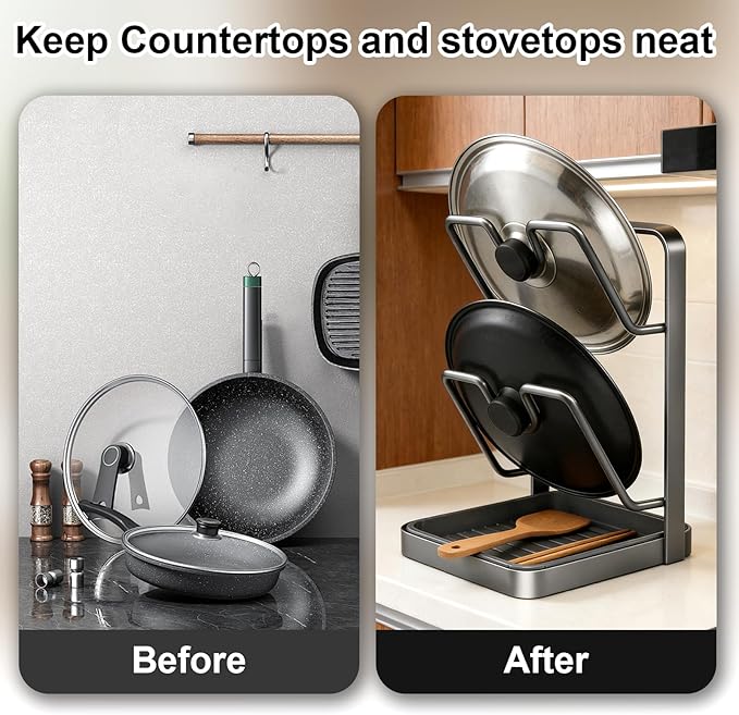Kitchen Pot Lid Storage Rack, Stainless Steel Pot Lid Holder With Tray, Lid Holder While Cooking, Lid And Spoon Rest, Multifunctional Kitchen Organizer Stand for Stove Top (Gray, Double-layer)
