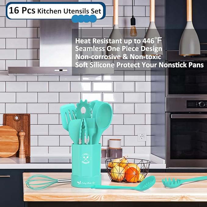 Silicone Kitchen Utensils Set, 16-Piece Silicone Cooking Utensils by Deedro, Heat Resistant Kitchen Tools Set with Holder, Nonstick Spatula Kitchen Gadgets for Cooking & Baking, Green
