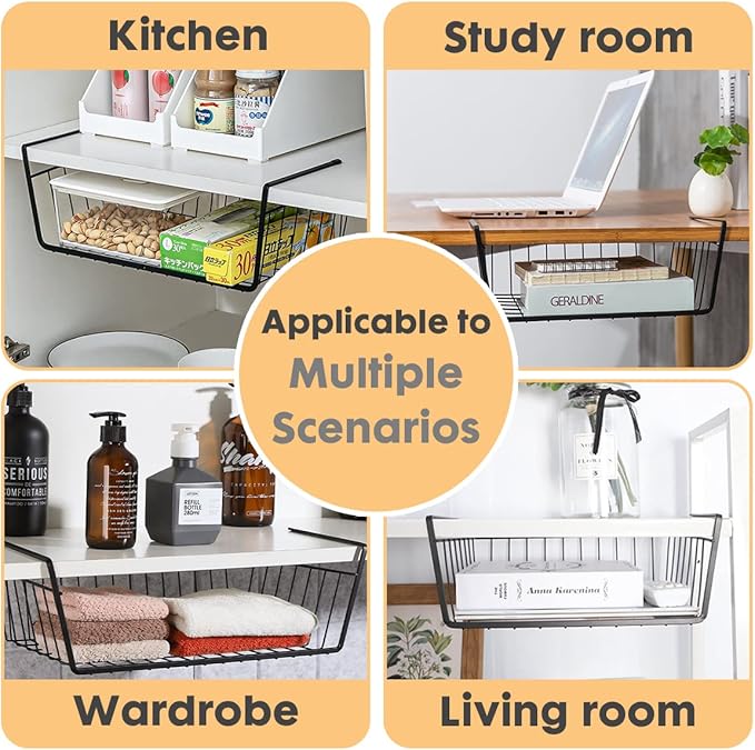 4-Pack Steel Under Cabinet Shelf Basket Organizer, Metal Wire Rack Hanging Storage Baskets Holds up to 22lbs for Kitchen, Office, Pantry, Bathroom, Cabinet (Black-4)
