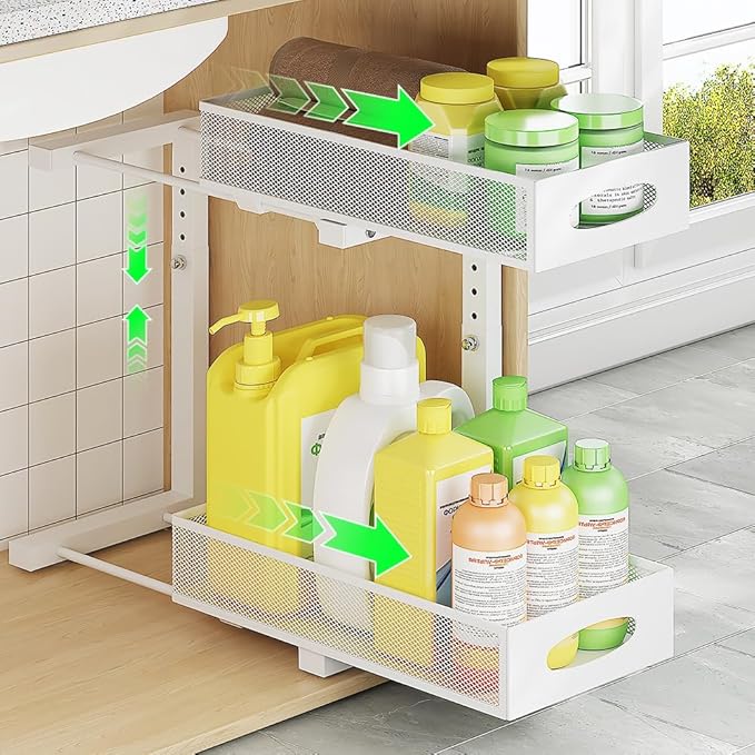 WROBTLD Under Sink Organizer, 2-Tier Pull Out Cabinet Organizer with Adjustable Height, Use in Kitchen Bathroom Cabinet and Countertop Storage, White