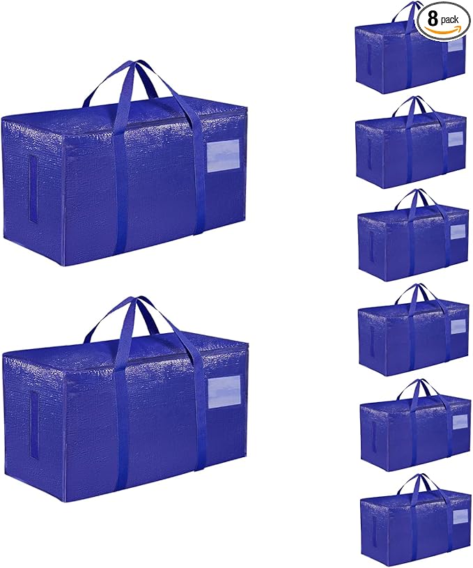 8 Pack-Extra Large Heavy Duty Moving Bags - Waterproof Storage Totes with Handles & Zippers, Foldable for College Dorm, Storage (Blue)