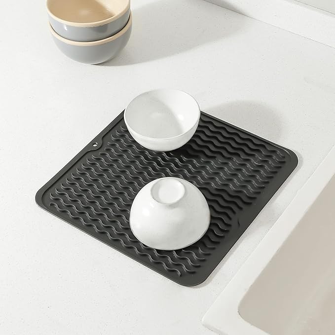 Silicone Dish Drying Mat for Multiple Usage,Easy clean,Eco-friendly,Heat-resistant Silicone Mat for Kitchen Counter or Sink,Refrigerator or Drawer liner Black M 12 inches x 12 inches