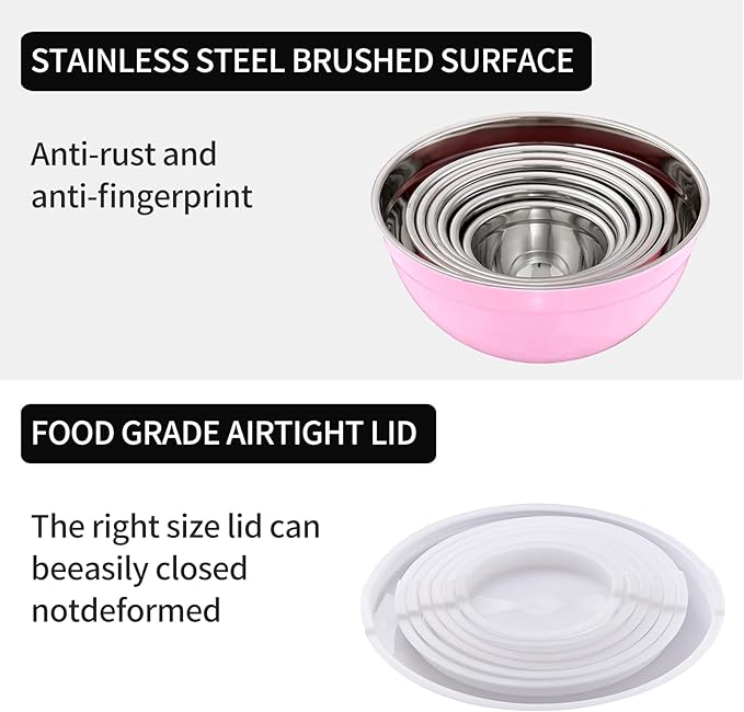 LKTDYMEG Pink Mixing Bowls with Lids Set of 7, Stainless Steel Nesting Bowl with Khaki Lid for Non-slip Mixing Prepping Storing Serving, 7 Sizes-7/3.6/2.7/2.1/1.5/1/0.8 QT