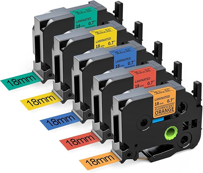Labelife Replacement for Brother P Touch Label Tape TZe TZ Tape 18mm 0.7 Inch Laminated Black on Orange/Red/Blue/Yellow/Green Compatible with Brother P Touch PT-D400 D410 D600 1880, 3/4 inch, 5-Pack