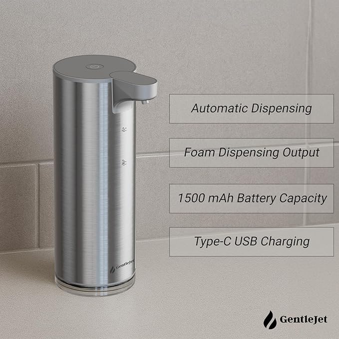 EasyFoam Automatic Foaming Soap Dispenser - Touchless Motion Sensor, Rechargeable USB-C, 2 Foam Levels, Stainless Steel, IPX5, 9.5oz Hand Soap Dispenser for Bathroom & Kitchen (Silver)