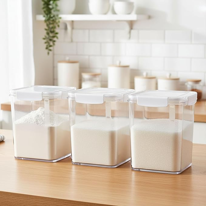 Set Of 3 Large Food Storage Jars 4L - Airtight Containers with Lids,Sugar and Flour Containers Set with Spoon,Kitchen Canisters for Sugar,Flour, Coffee,Pantry Organization Keeper(Clear-3 Pack)