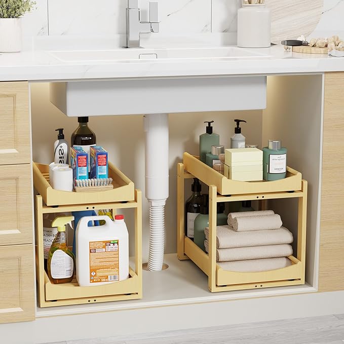 Bamboo Under Sink Organizer Adjustable Height 2 Tier Bathroom Organizer Pull Out Cabinet Storage Kitchen Heave Duty Wood Slide Ou Shelf for Kitchen Bathroom (Nature, 2 Packs)