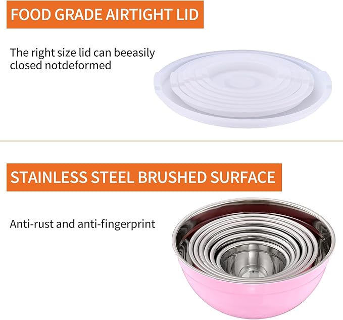 Onlycooker Pink Mixing Bowls With Airtight Lids,Stainless Steel Bowl,Salad Bowls 7 Piece Colorful Nesting Bowl Pink Kitchen Accessories,Size 7,3.6,2.7,2.1,1.5,1.1,0.8QT Stackable Design