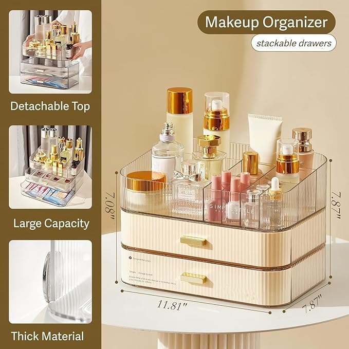 Decorcode Makeup Organizer with Stackable Drawers, Bathroom Countertop Vanity Organizers and Storage, Ideal for Desk and Dresser, Great for Cosmetics, skin Care, Lipsticks, Nail Care -Cream White