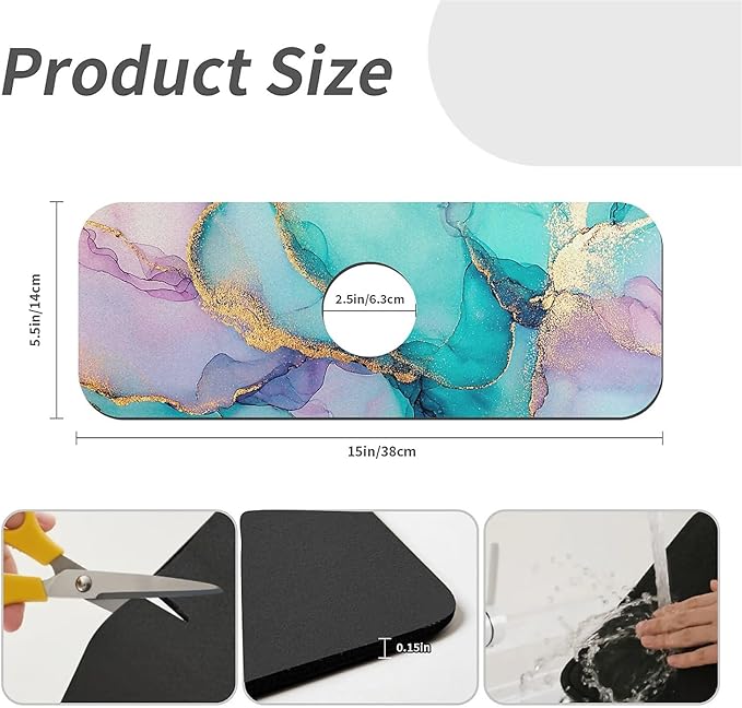 Kitchen Sink Splash Guard，Turquoise lilac gold marble Faucet Mat Sink Gadgets-Super Absorbent Fast Drying Mat Drip Catcher for Kitchen, Bathroom,Sink Mat, Dish Drying Mat, Bathroom(15" X 5.5" )